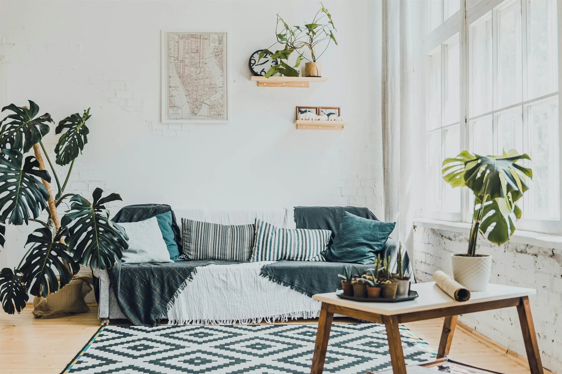 Bright living room with green plants, woven texture, and a calm natural palette