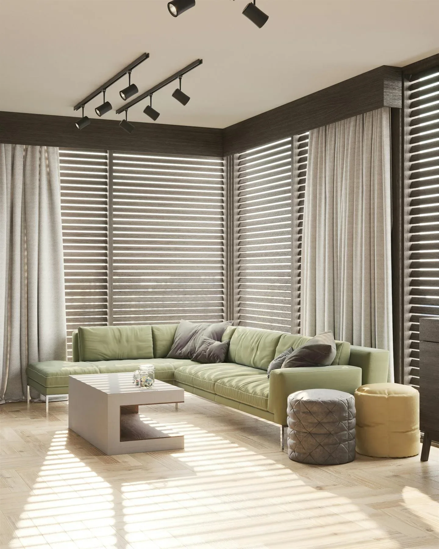 Sage green living room with woven textures, soft curtains, and a grounded calm palette