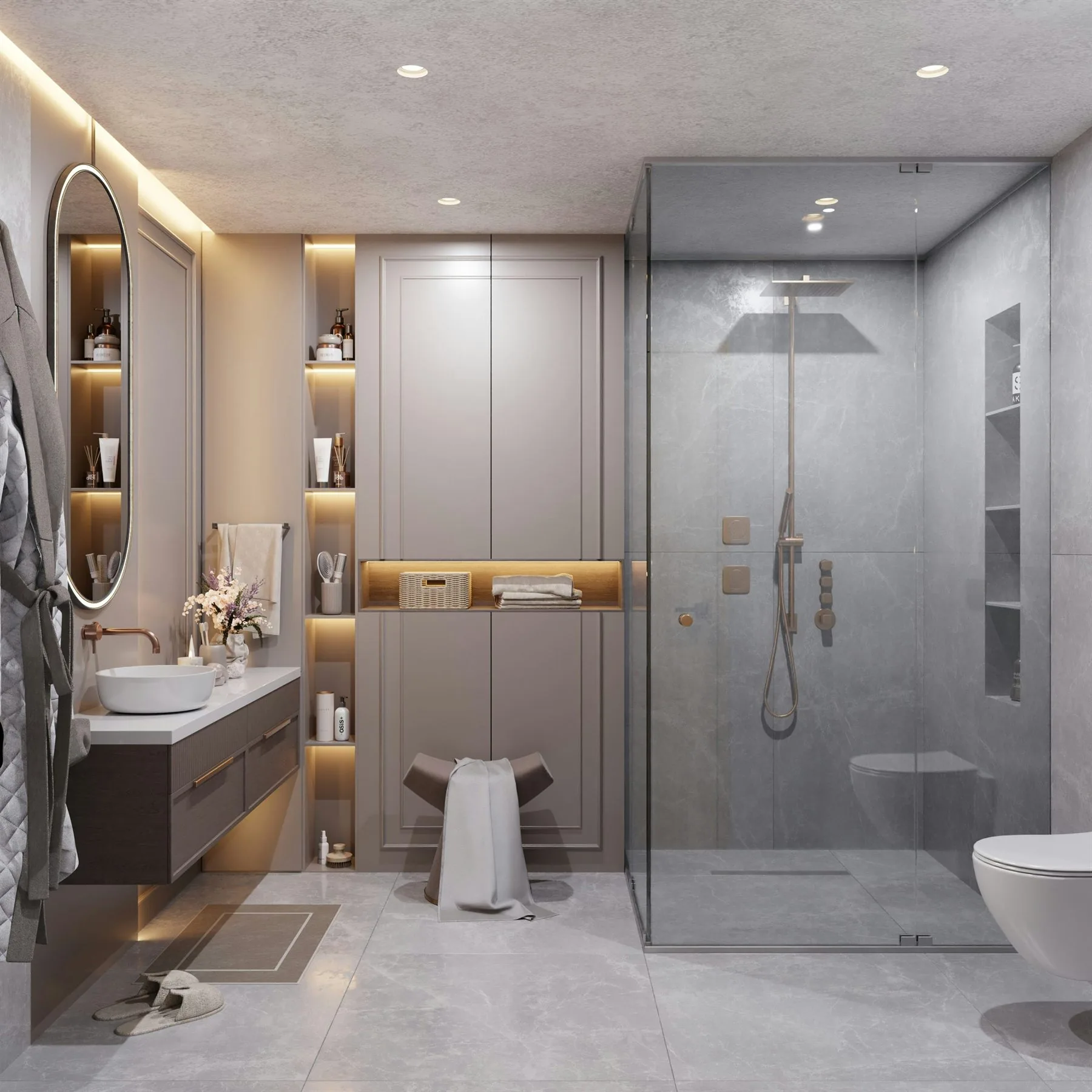 Warm taupe bathroom with glass shower, soft lighting, and a calm spa-like palette