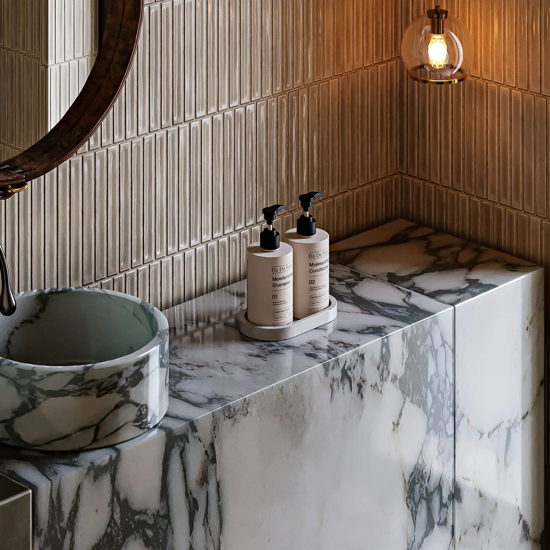 Bathroom vanity with stone, warm wall texture, and calmer neutral finishes