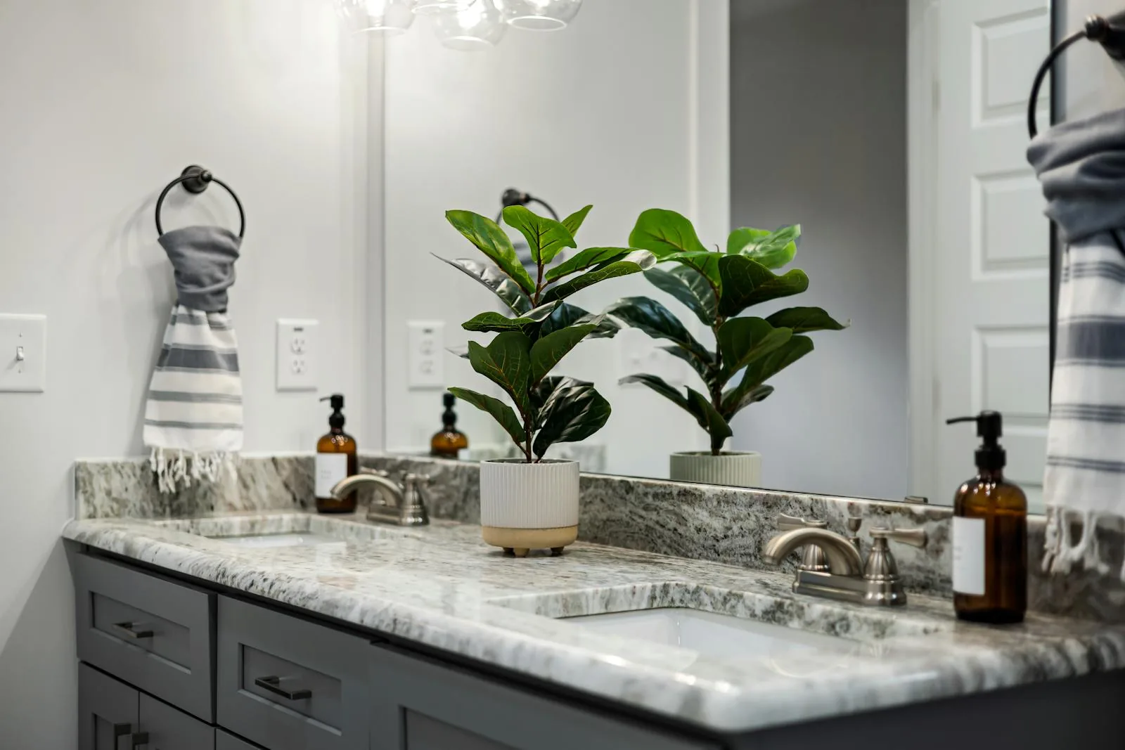 Bathroom counter with two healthy potted plants beside a sink and mirror
