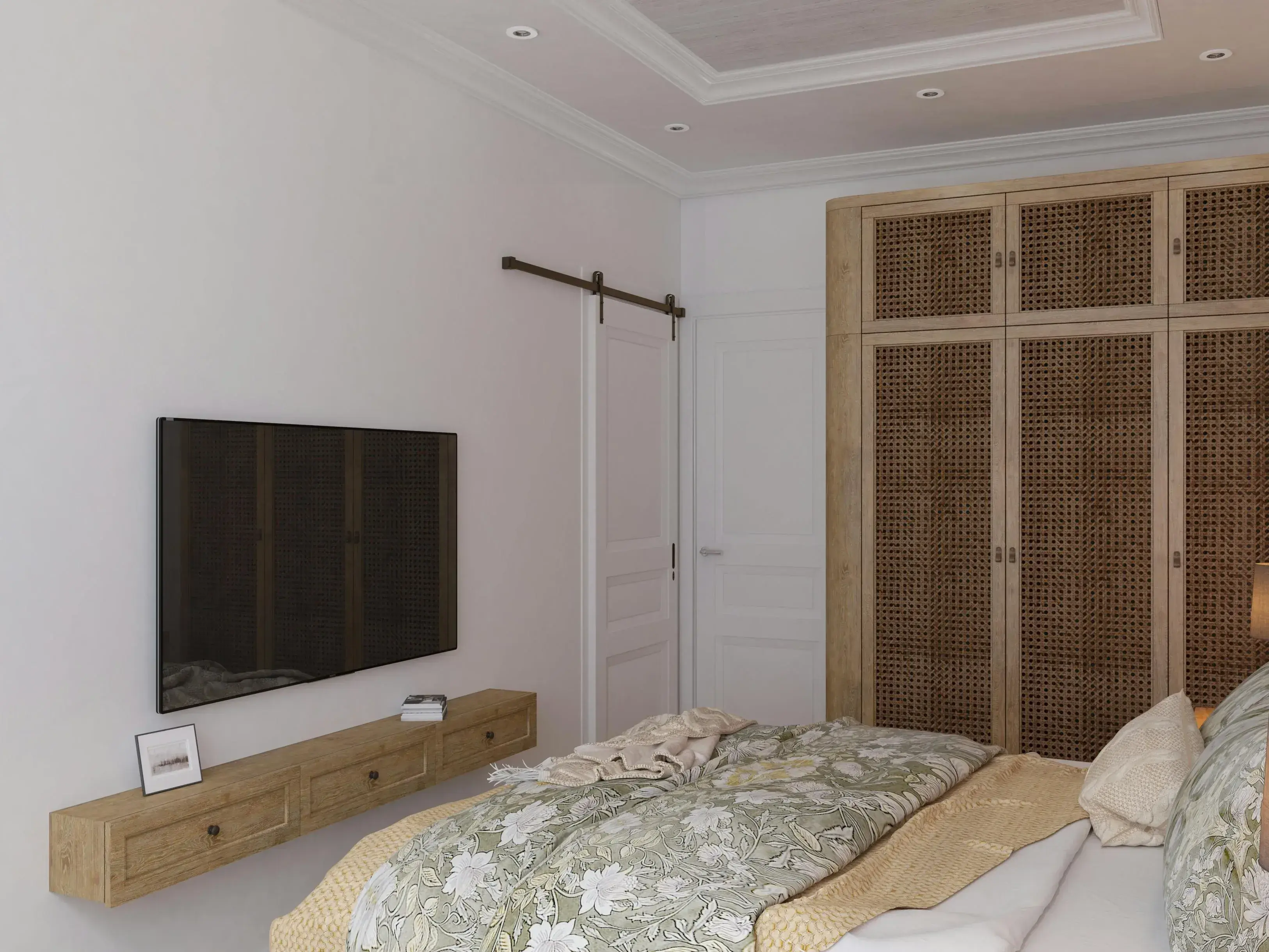 Bedroom with a wall-mounted TV, large woven wardrobe, and the bed facing multiple active features