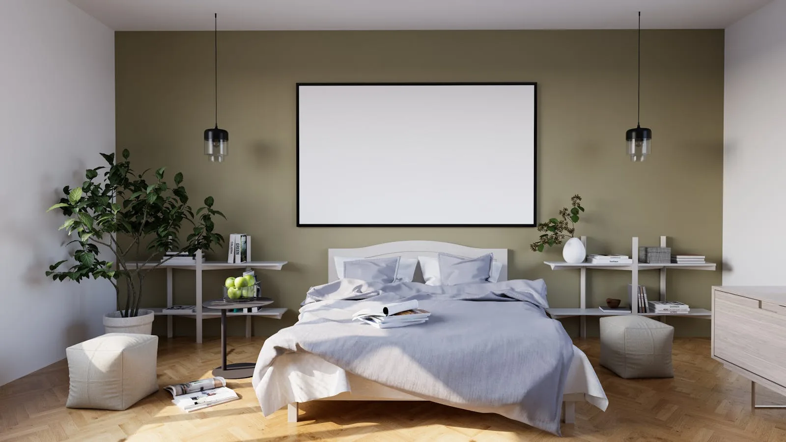 Minimal bedroom with plants placed away from the pillow zone and a clear floor path