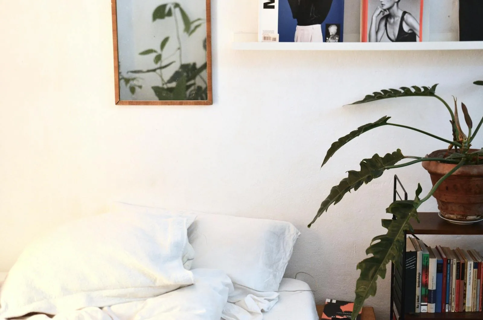 Bedroom shelf with several plants and objects creating a visually busier sleep area