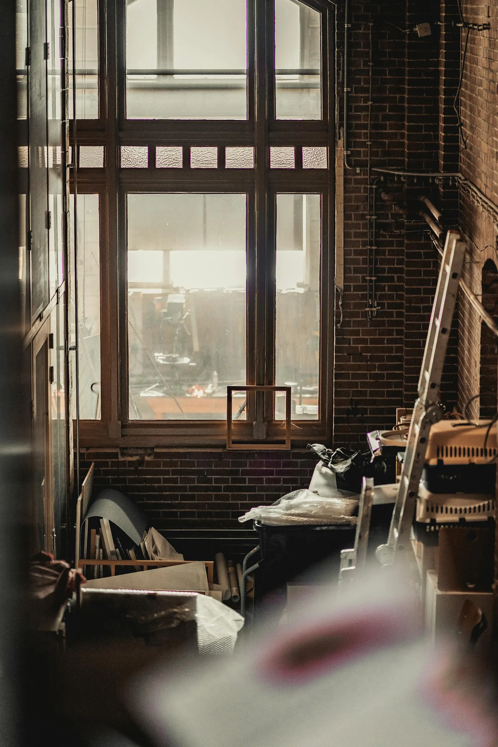 Crowded interior corner with stored items, equipment, and visual clutter near a window
