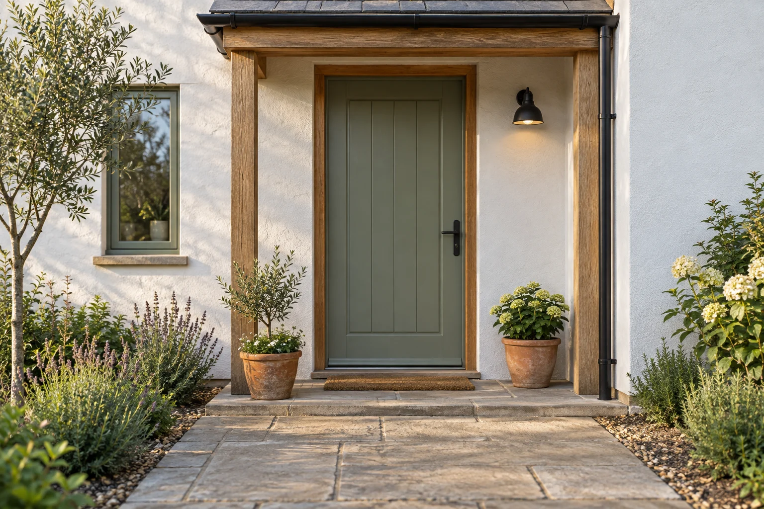 Sage green front door beneath a timber porch with planters beside a clear paved approach