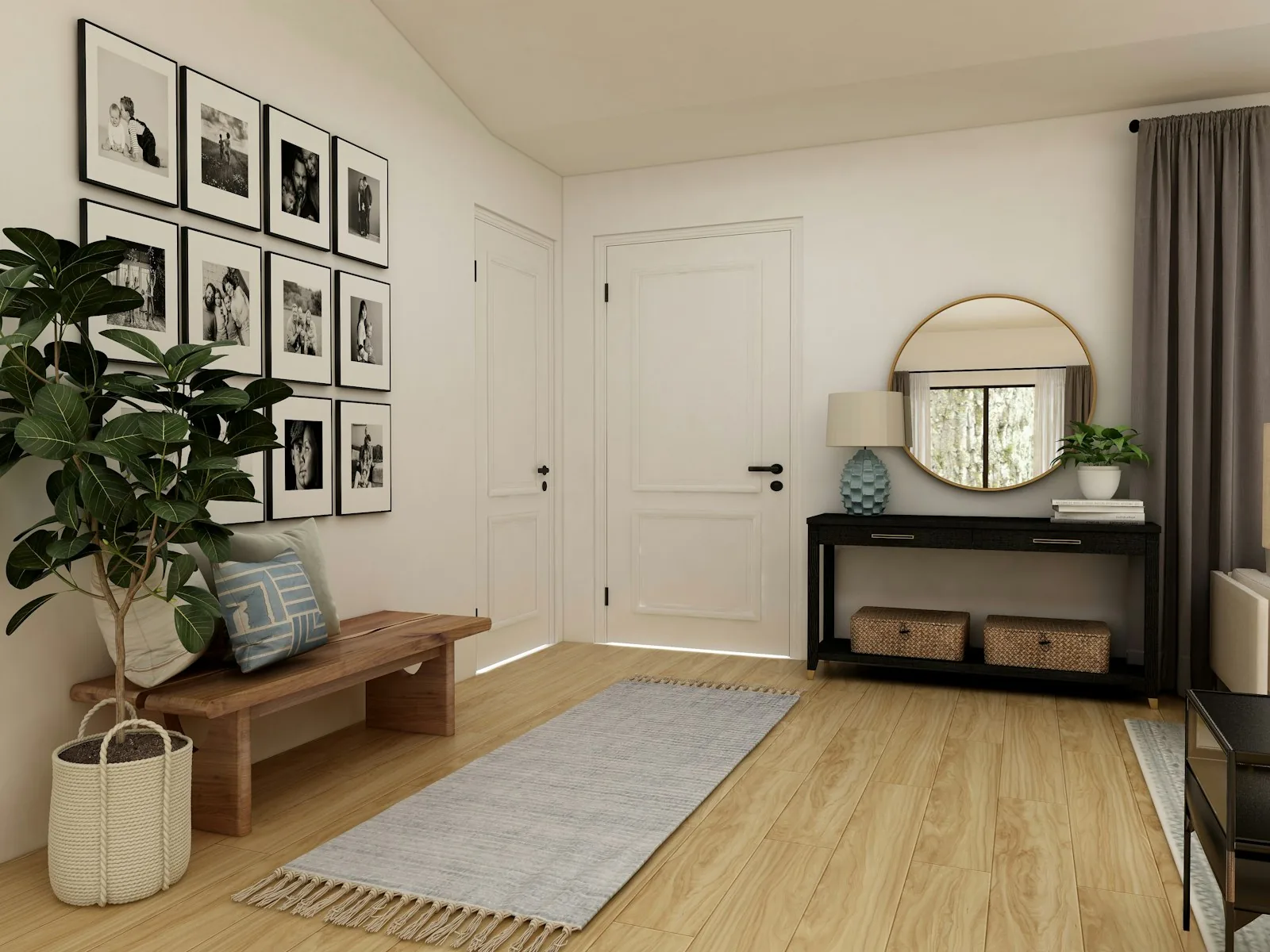 Entryway with warm white walls, wood bench, gray runner, black console, and round mirror