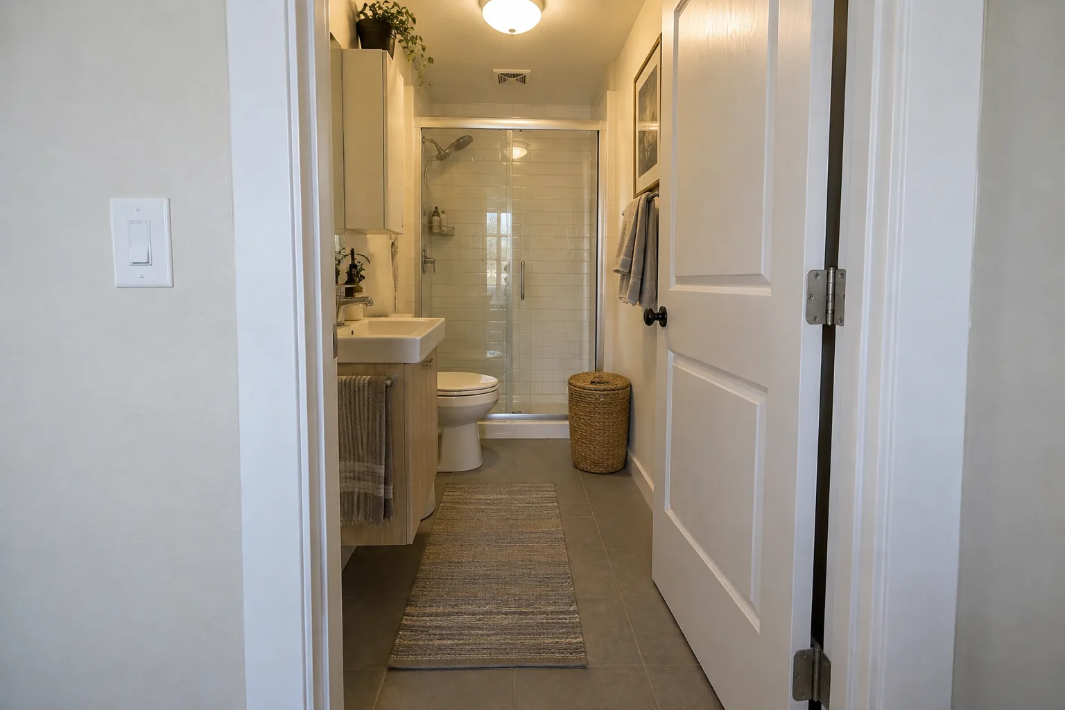 Narrow bathroom viewed through an open door with a clear floor route to the sink and shower