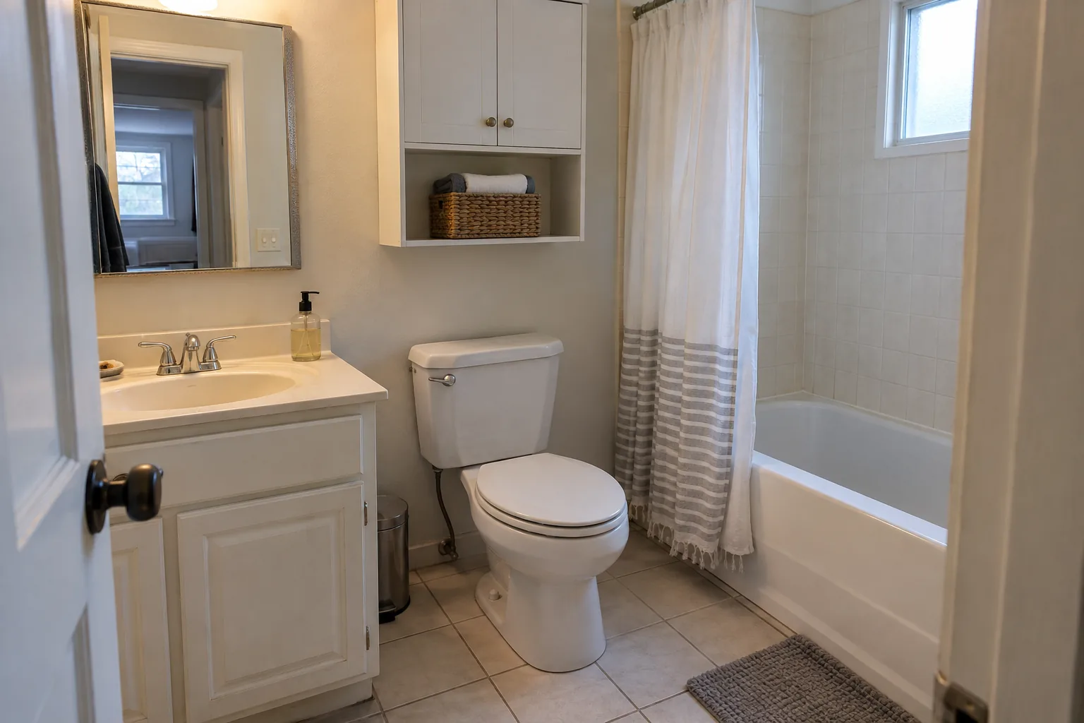 Modest bathroom with a clear sink counter, closed wall cabinet and a small basket for spare towels