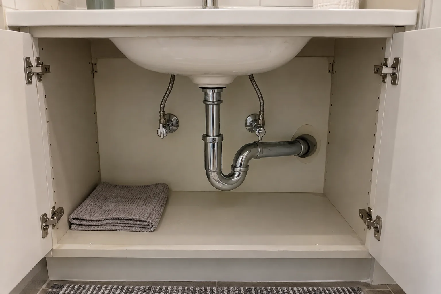 Open bathroom vanity showing a dry cabinet floor, sink drain pipe and water supply connections