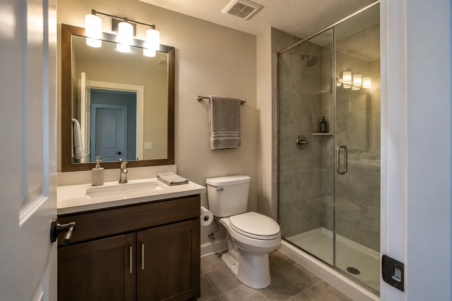 Windowless compact bathroom with vanity lights, a ceiling ventilation grille and a clear floor