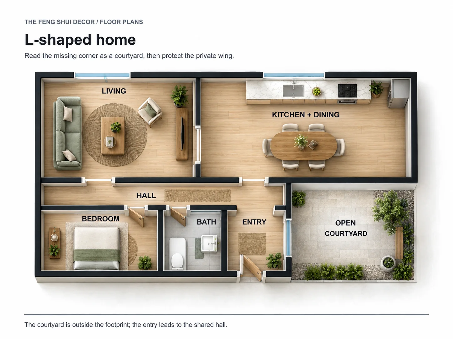 L-shaped home plan showing a courtyard outside the footprint and an entry hall linking the private and social wings