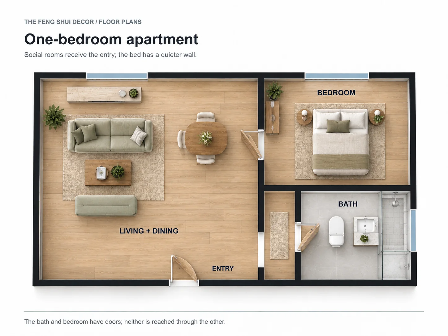 Top-down one-bedroom apartment plan showing separate doors to the bedroom and bathroom from the shared area