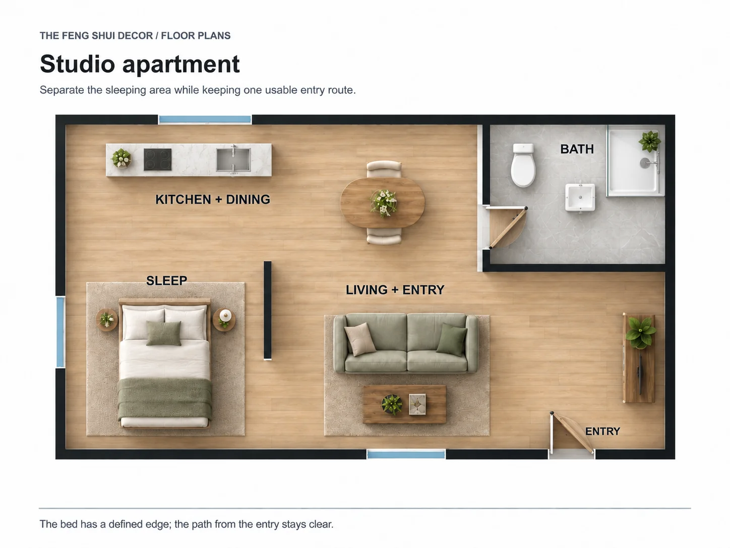 Overhead studio apartment plan with open living and dining, a defined sleep nook, kitchen, and enclosed bathroom