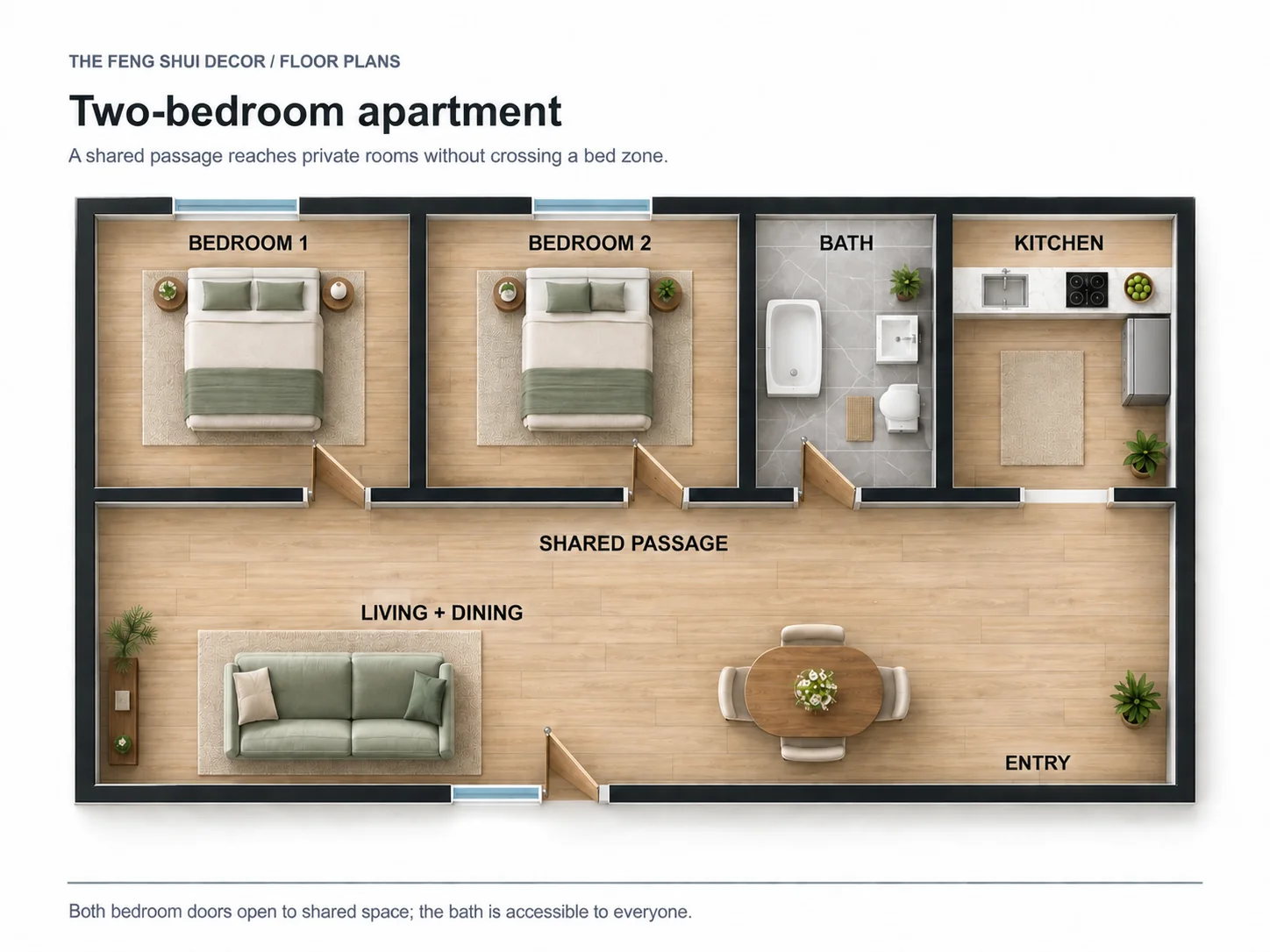 Top-down two-bedroom apartment plan with both bedrooms and bathroom opening to a shared passage