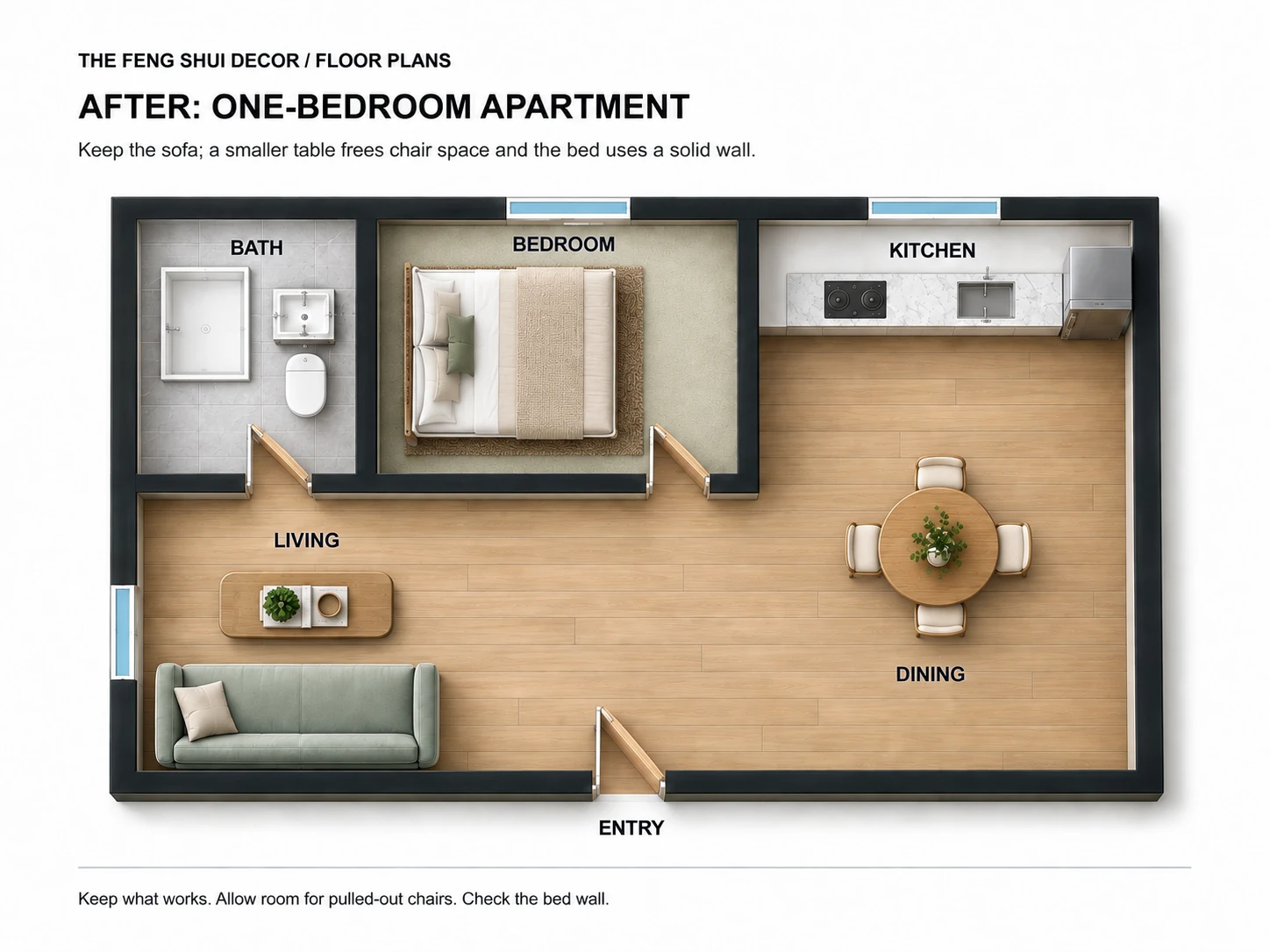 Alternative layout of the same apartment with the sofa unchanged, a smaller round four-seat dining table, and the same bed rotated toward a side wall