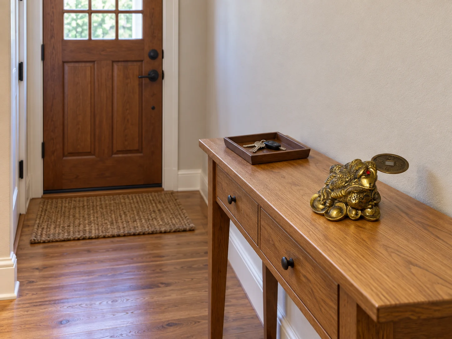 Small gold-toned money frog on a timber entry console, separated from a key tray beside a closed front door