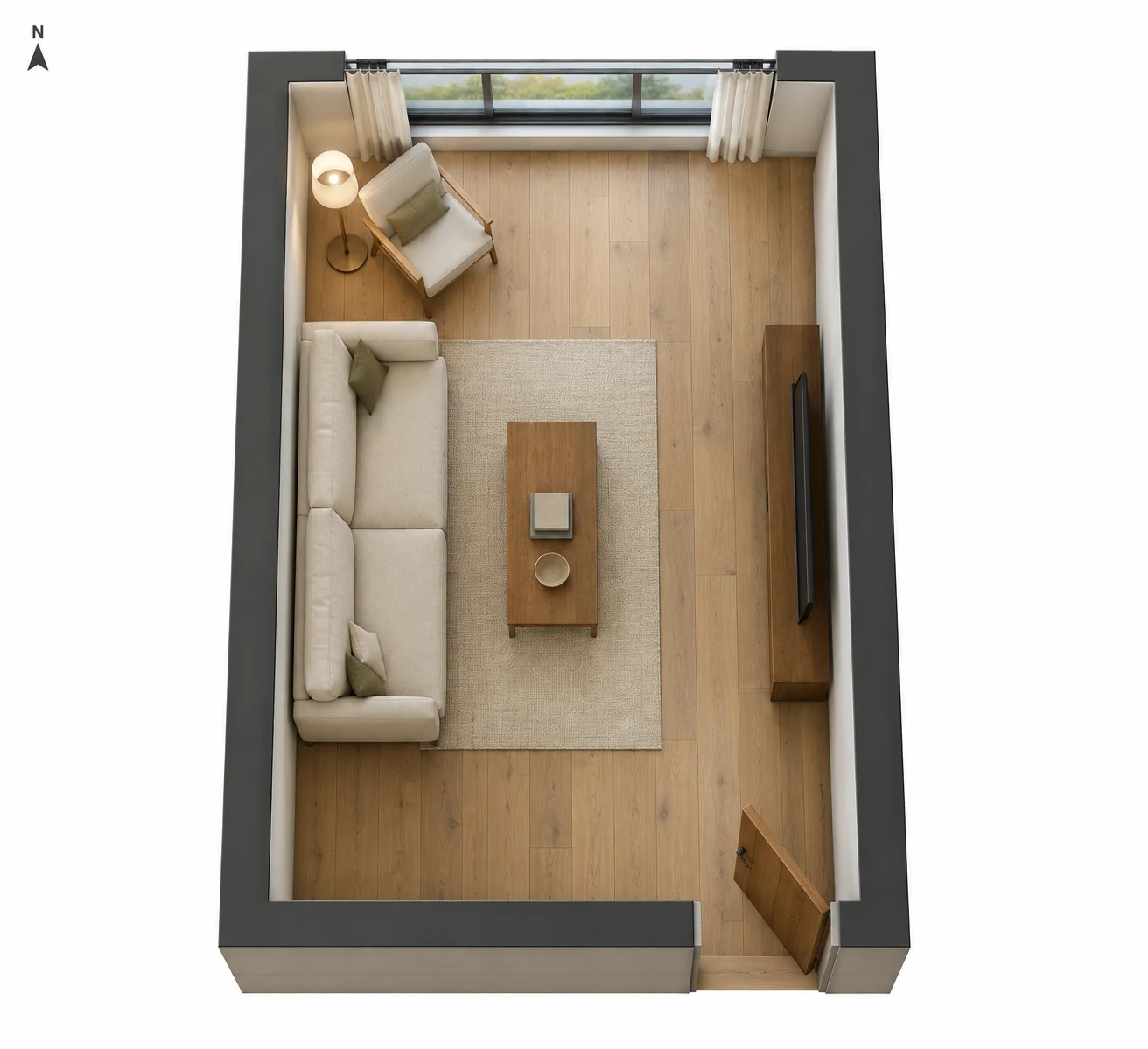 Furnished long living-room plan with a north window, sofa on the left, television on the right and entry at the lower right