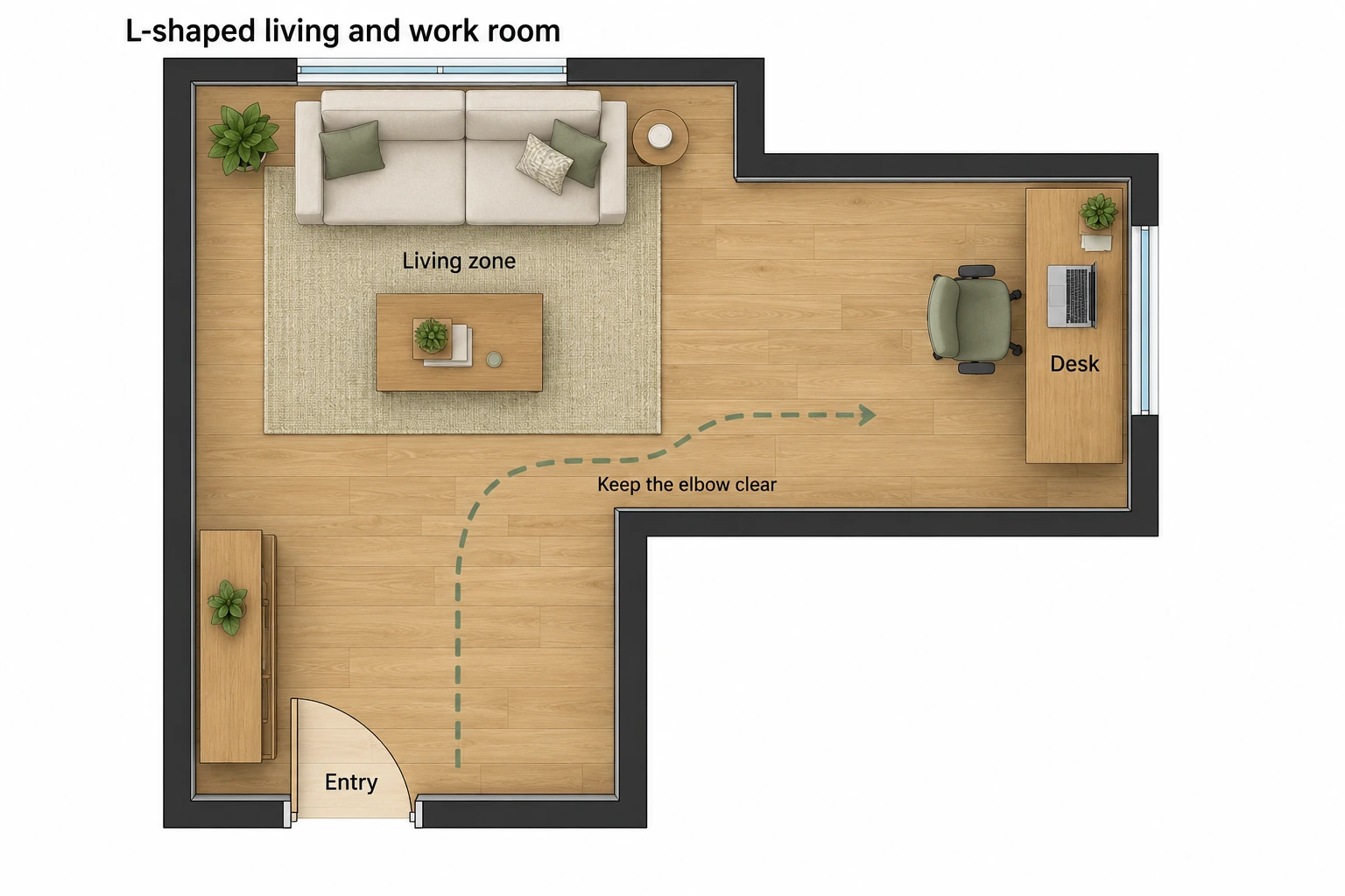 Top-down L-shaped room with seating in the wider area, a desk in the side wing, low storage near the entrance and an open connecting elbow