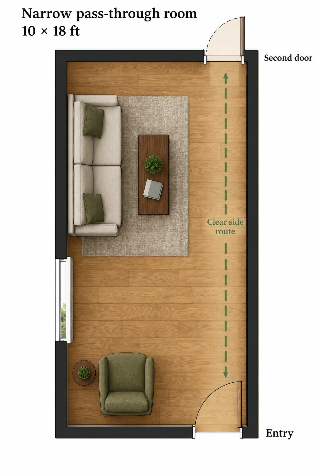 Top-down narrow living room with doors at both ends on the right, a compact sofa and chair on the left, and a continuous side passage