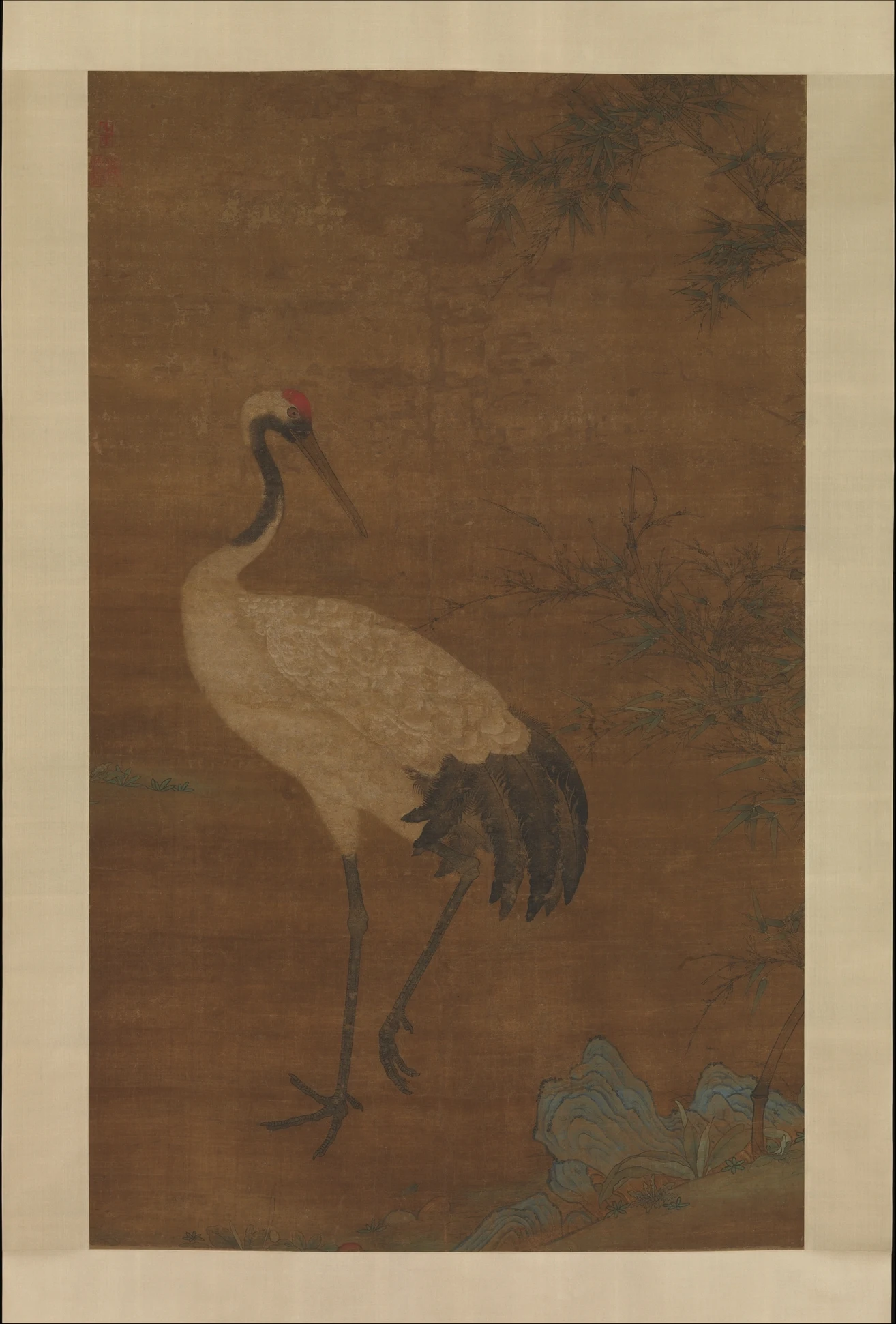 Shen Quan's painting of a crane beside bamboo and rocks