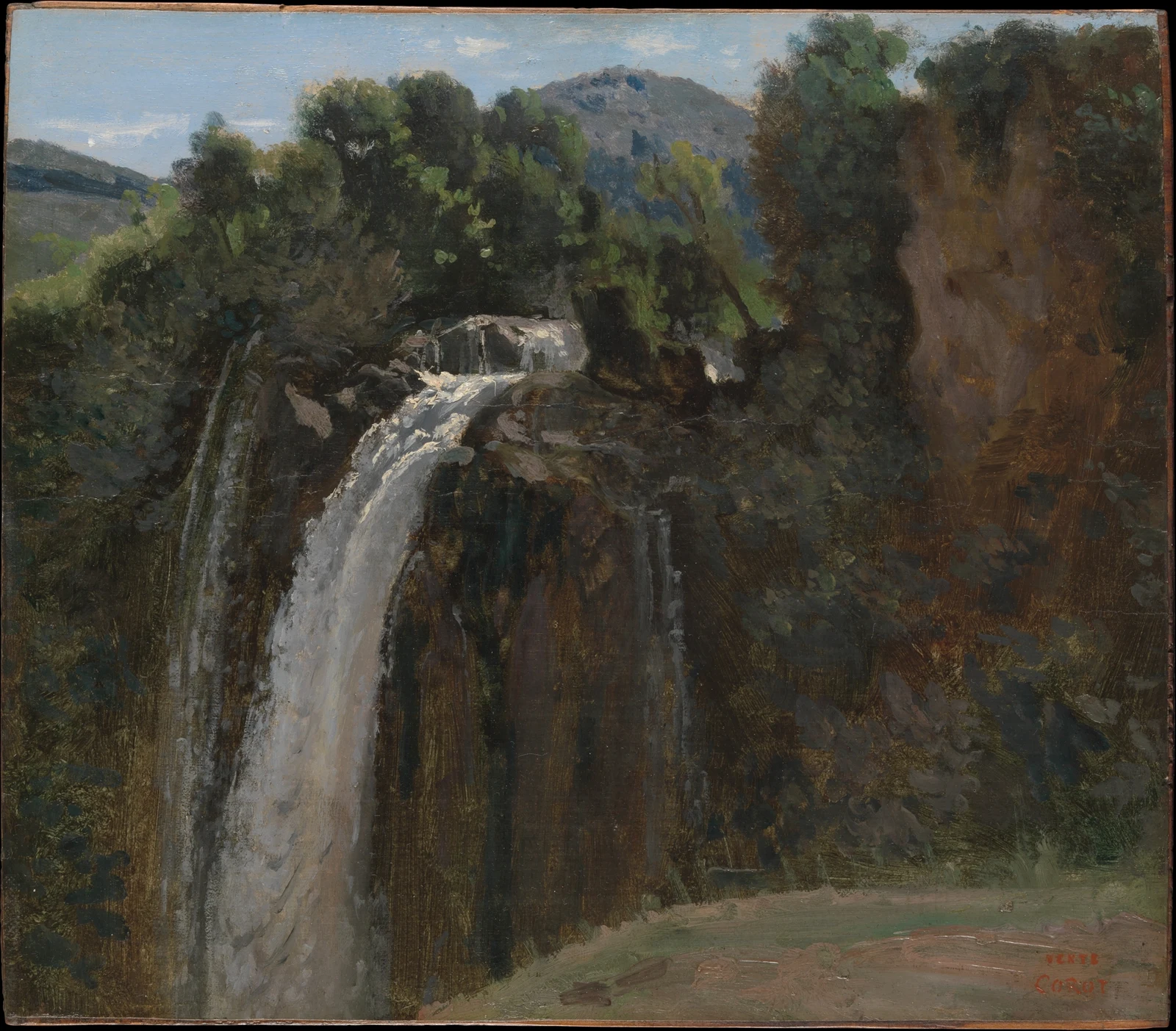 Camille Corot painting of a white waterfall descending through dark wooded rocks at Terni