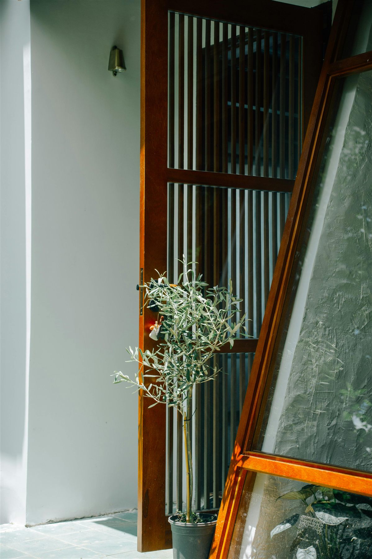 Open wood front door with a potted plant and a bright threshold
