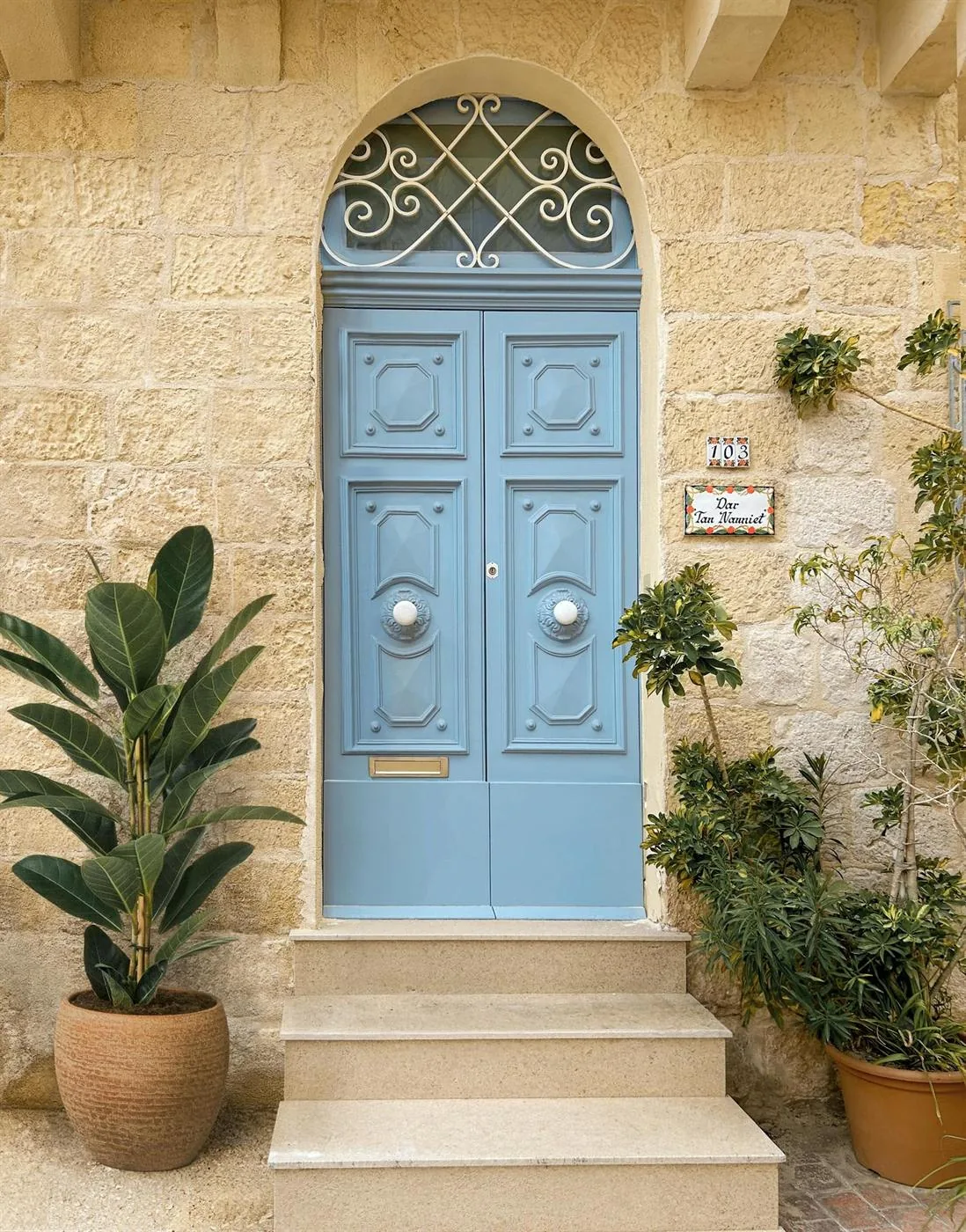 Blue entry door set in stone with potted plants on the steps
