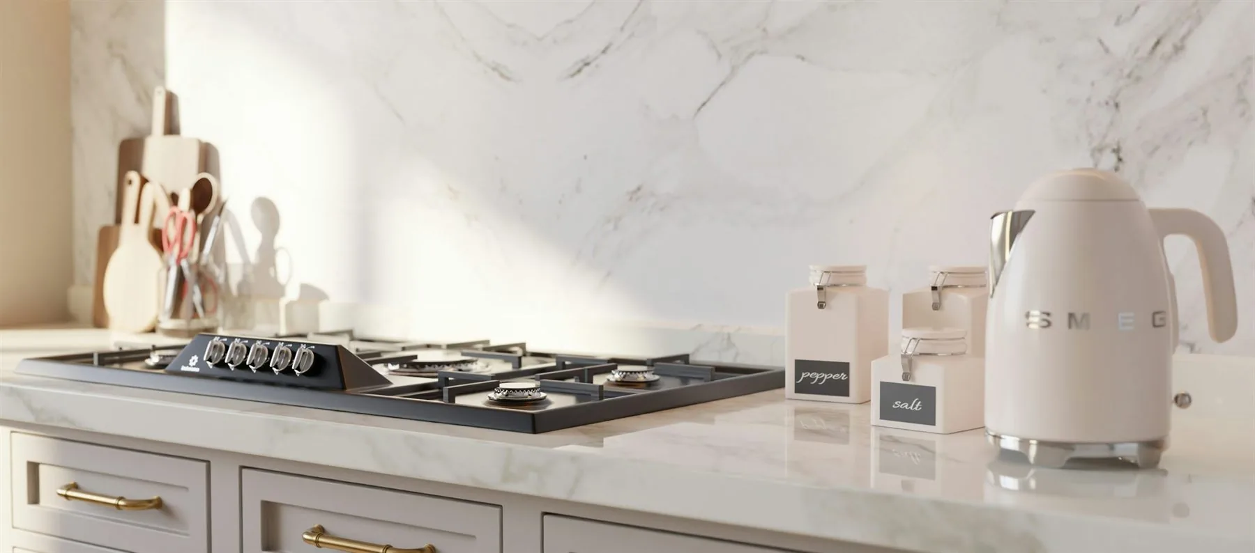 Kitchen with pale marble backsplash, soft warm wall color, and quiet neutral finishes