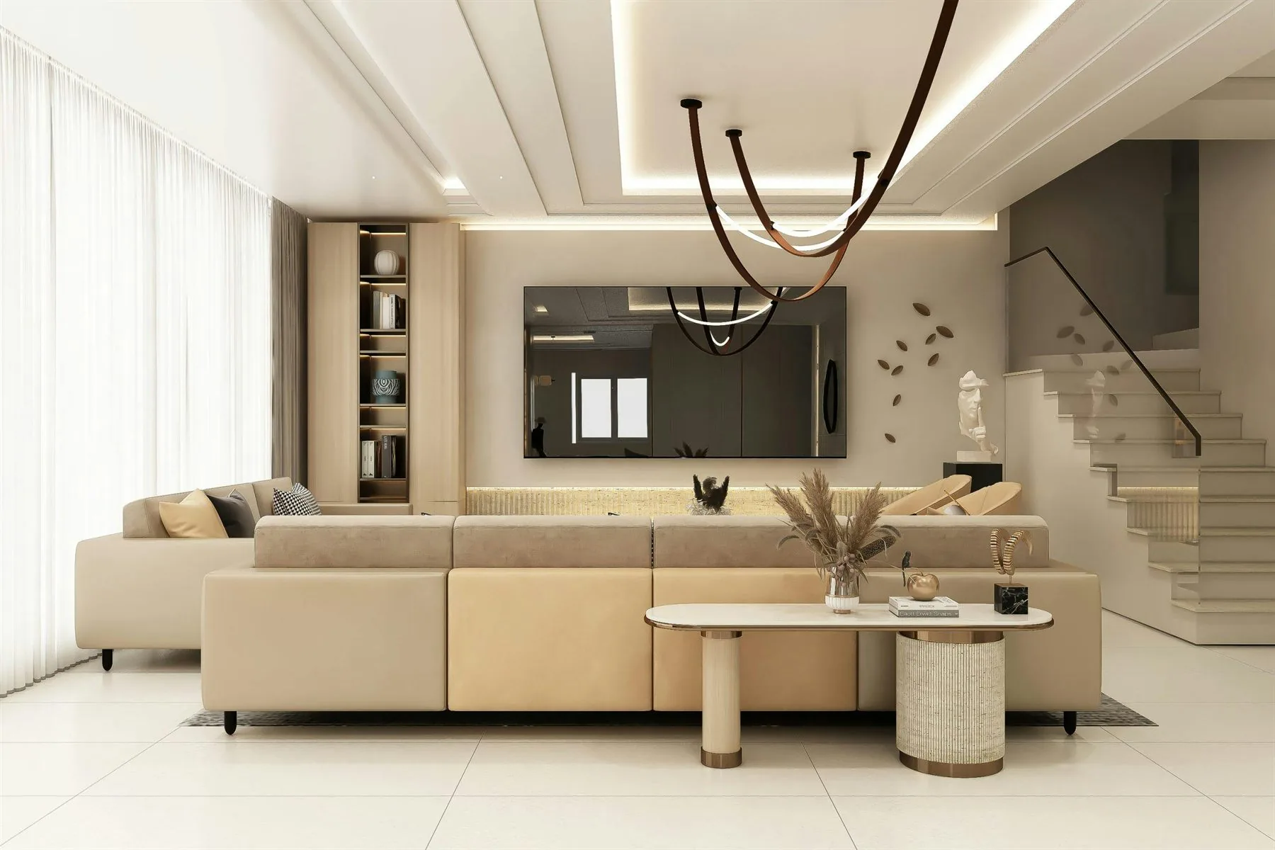 Layered beige living room with warm neutrals and a calm conversational layout