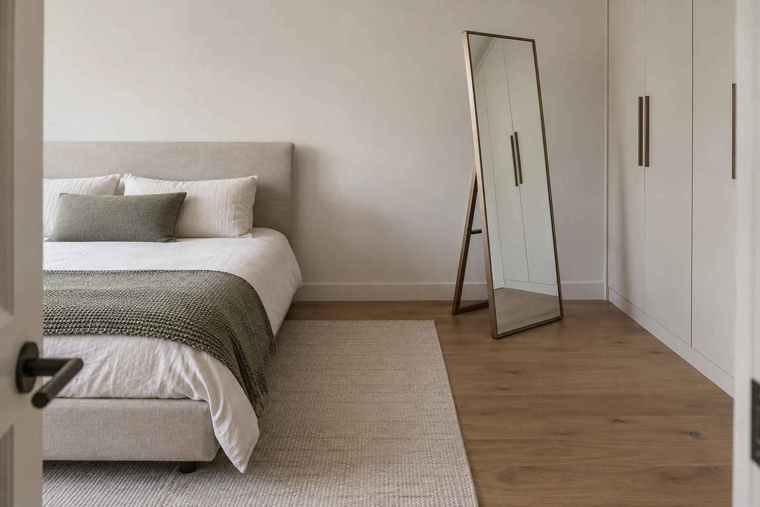 Angled freestanding bedroom mirror reflecting wardrobe doors instead of the bed