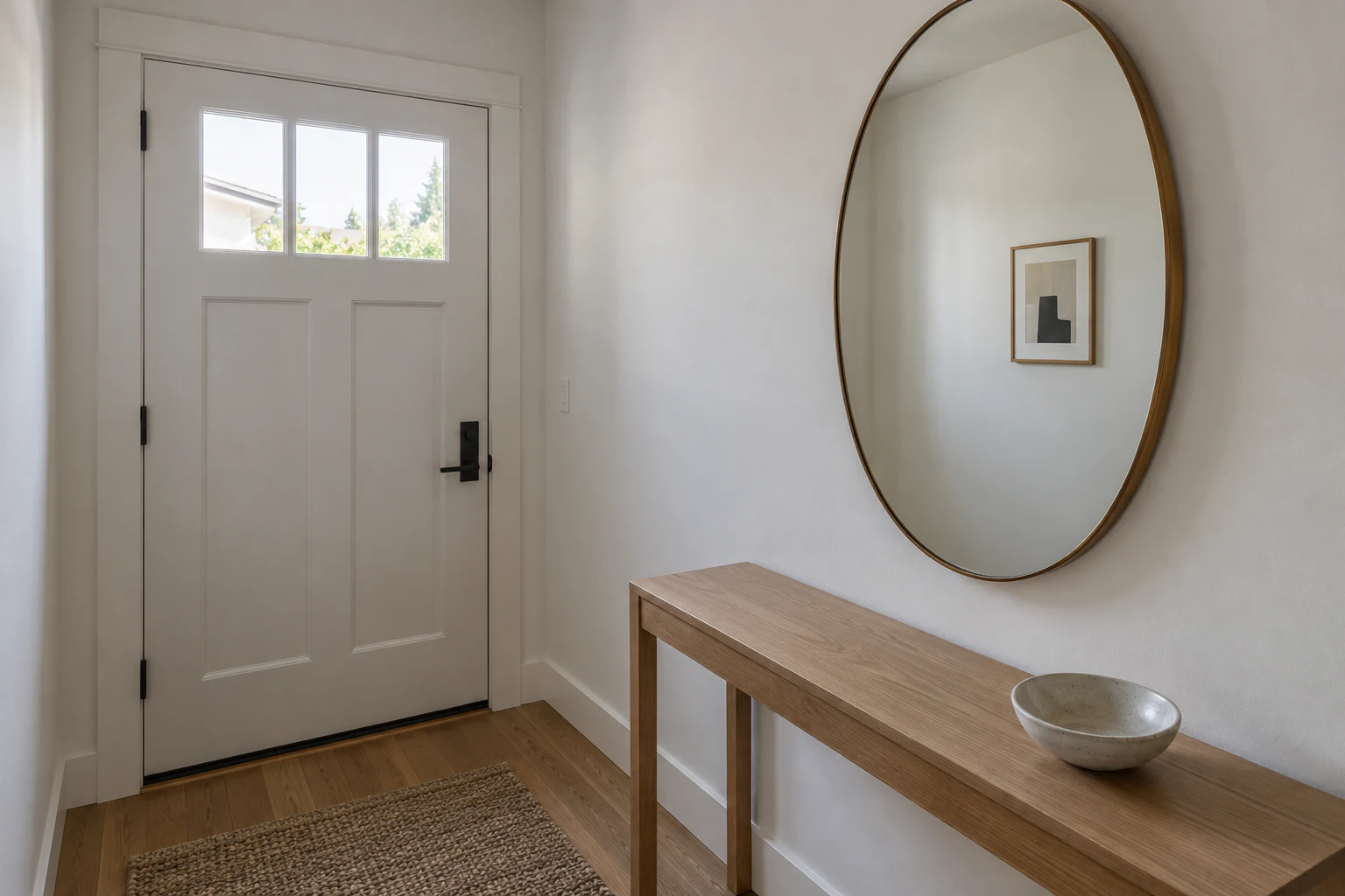 Oval mirror on a side wall above a slim oak console beside a clear entry path