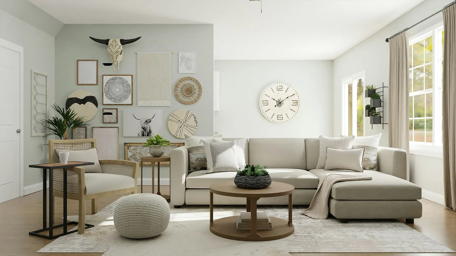 Soft neutral living room with muted green accents and warm daylight
