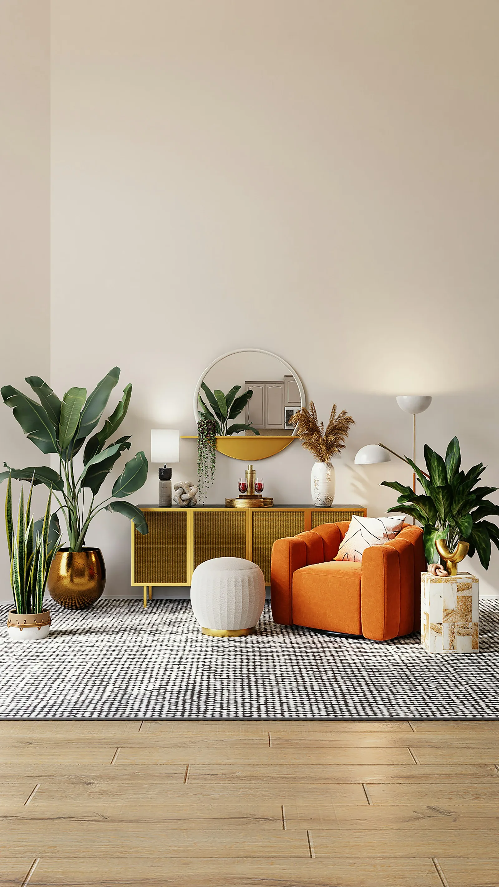 Living room with leafy plants, gold-toned cabinet, and warm green money-color styling