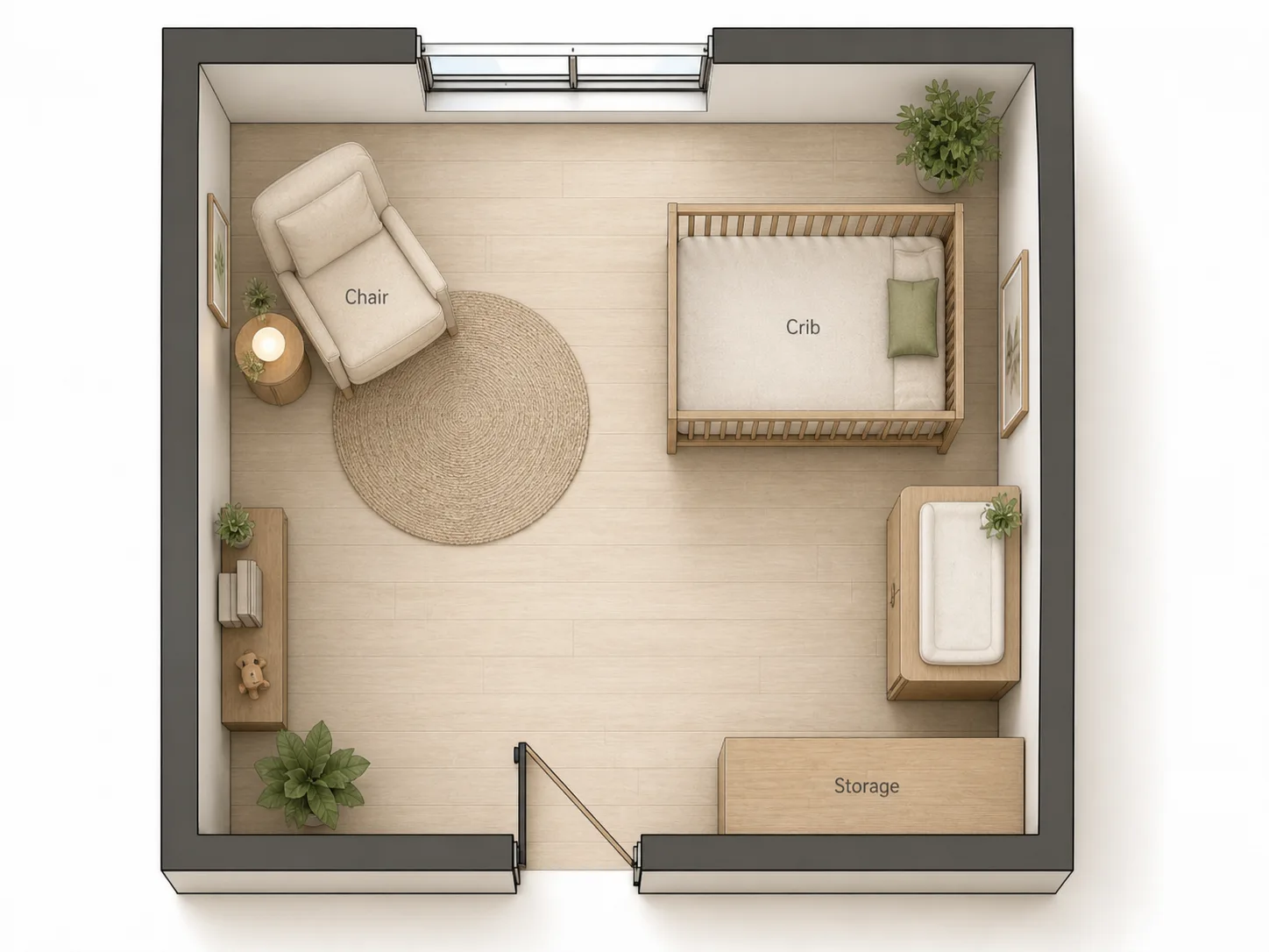 Top-down nursery layout with crib, chair, dresser, storage, plants, and a clear door path