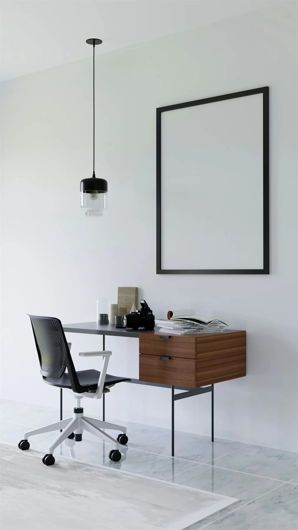Minimal office with a pale wall color, black chair, and walnut desk against a very simple backdrop