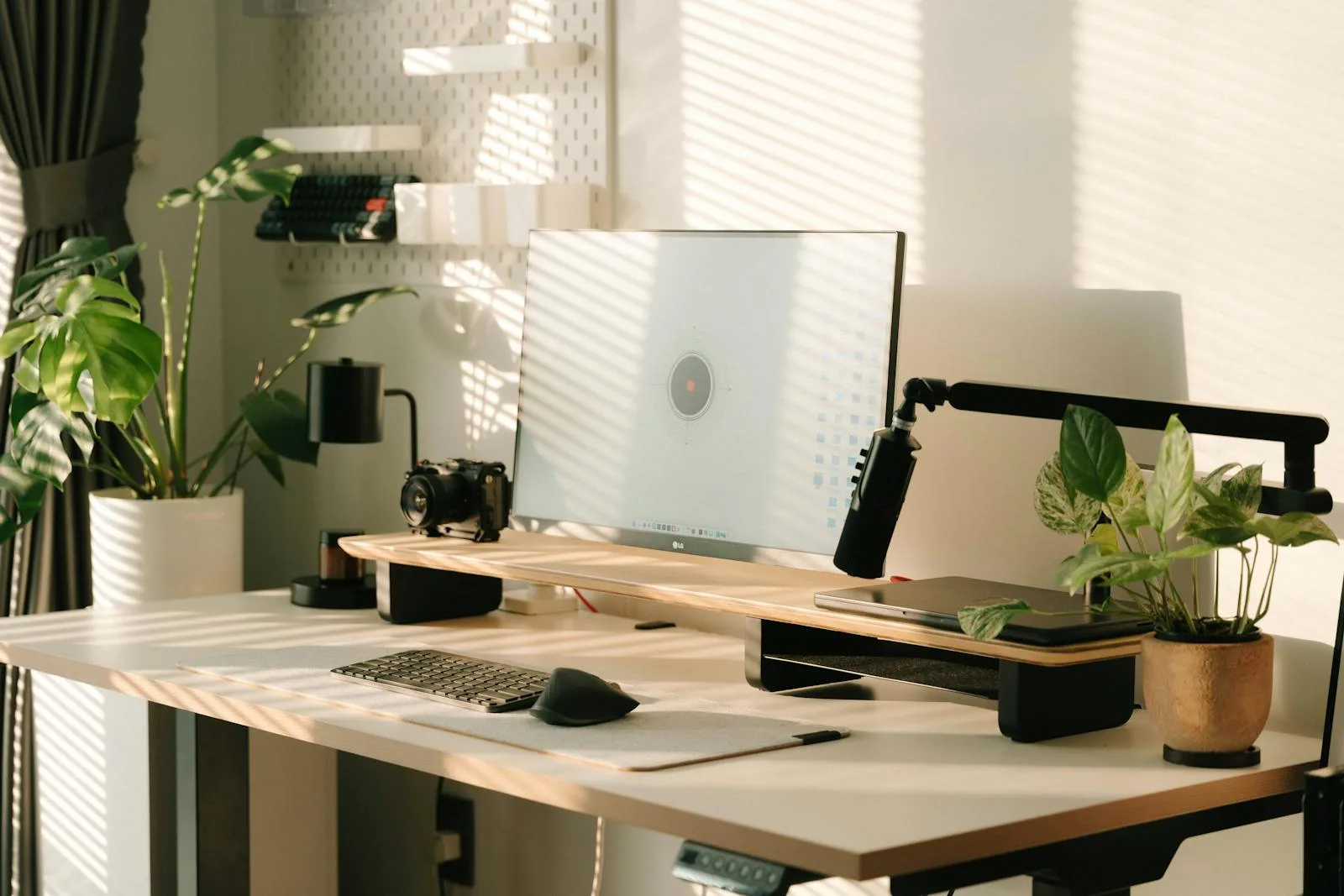 Home office desk with warm light, a healthy plant, and an edited monitor setup
