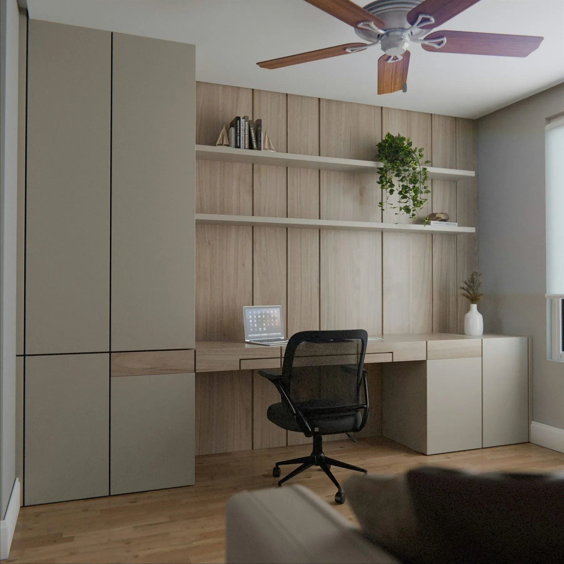 Soft neutral home office with built-in storage, pale wood tones, and a quiet work palette