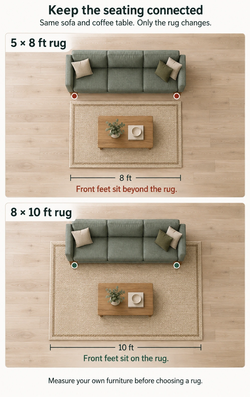 Two overhead seating concepts showing sofa front feet beyond a smaller rug and resting on a larger rug