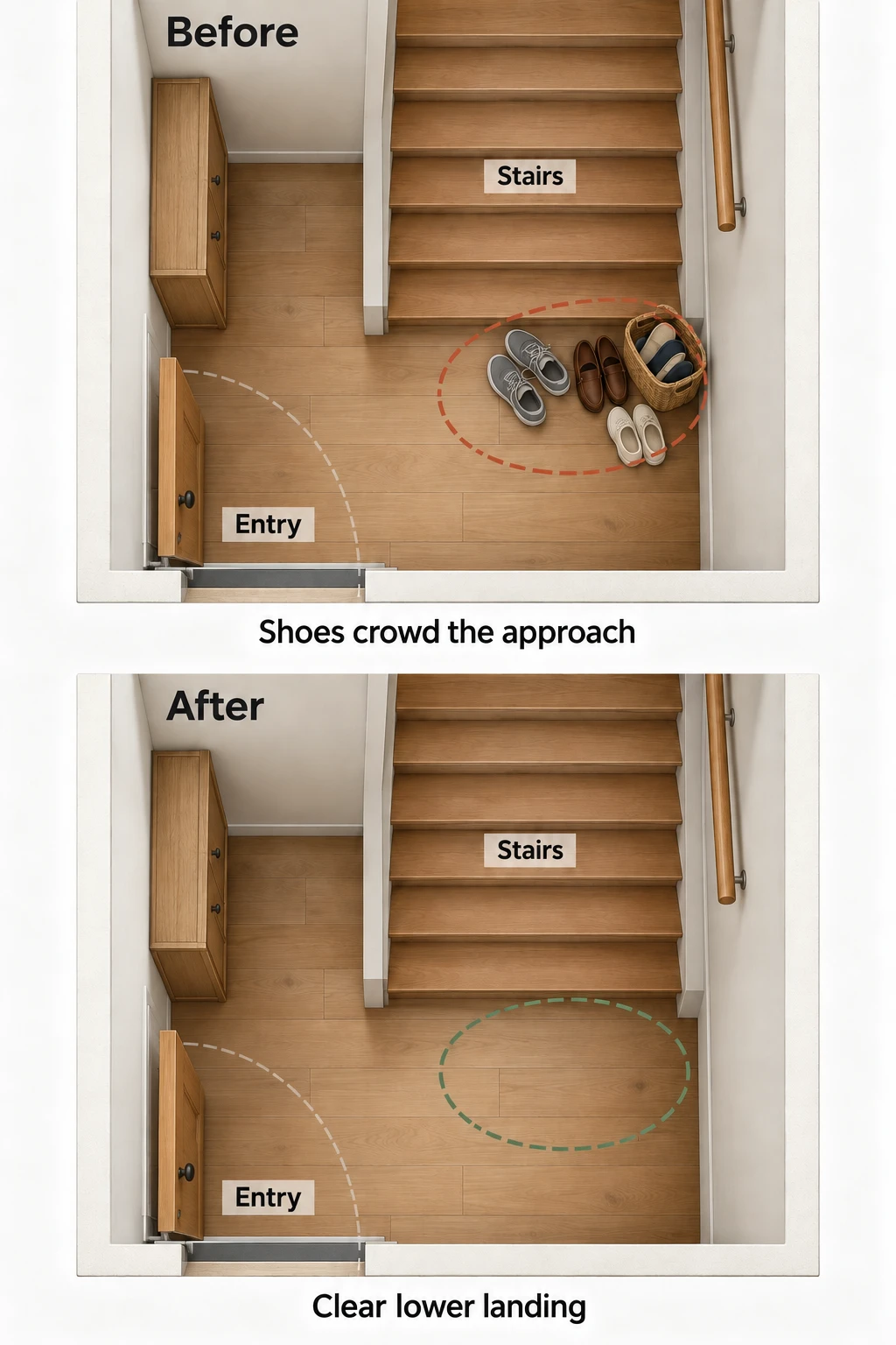 Before-and-after overhead views of a foyer with shoes beside the stair bottom, then a clear lower landing and the same door and cabinet