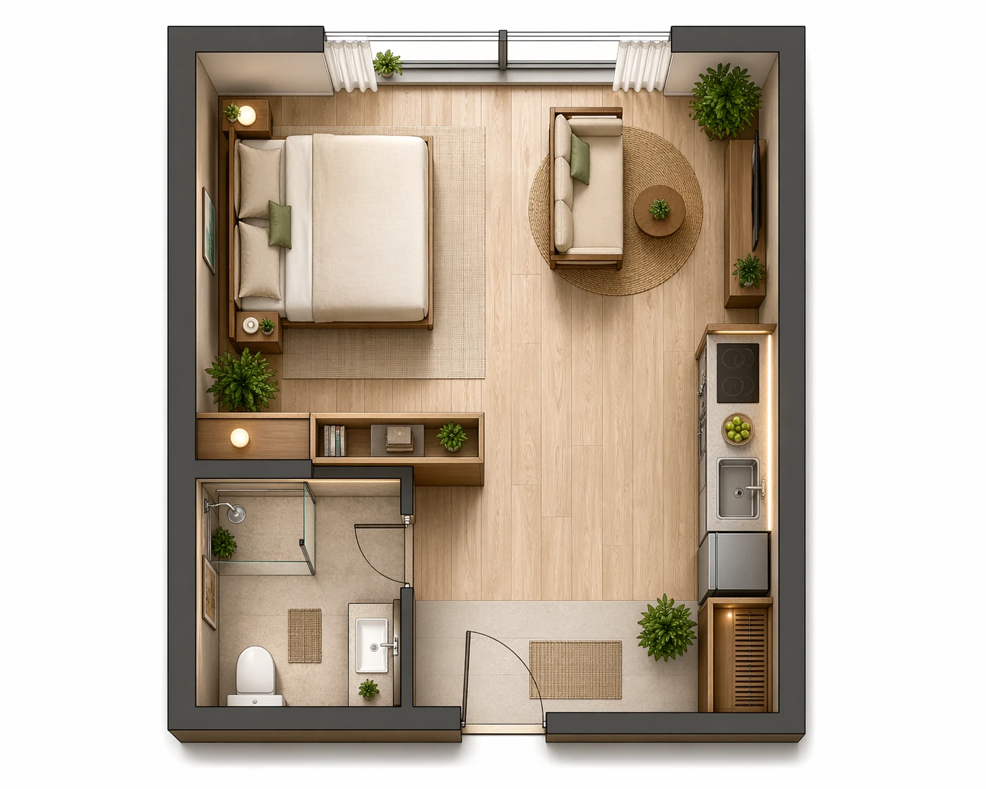 Studio apartment floor plan with bed, living area, kitchen, bath, storage, and entry zones