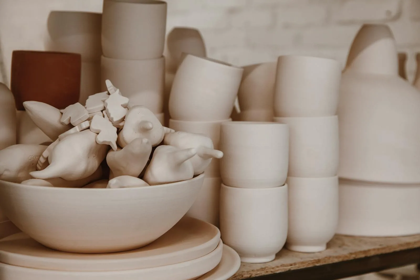 Shelf of pale pottery and handmade ceramic pieces in warm neutral light
