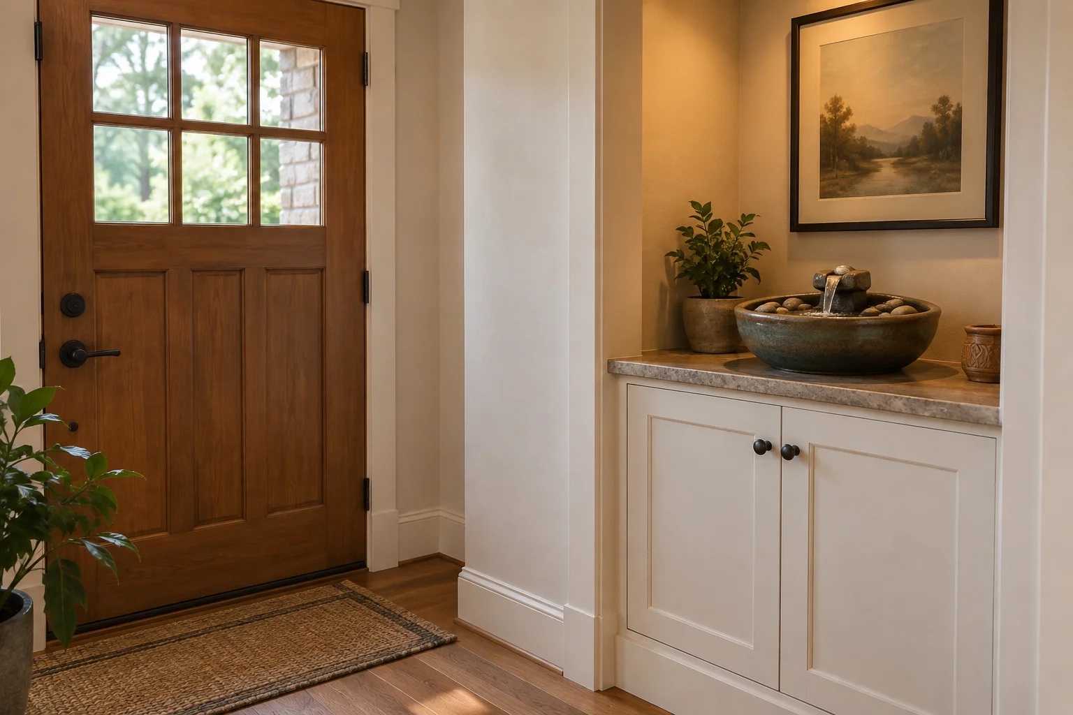 Small ceramic fountain on a recessed stone-topped cabinet beside a clear entrance