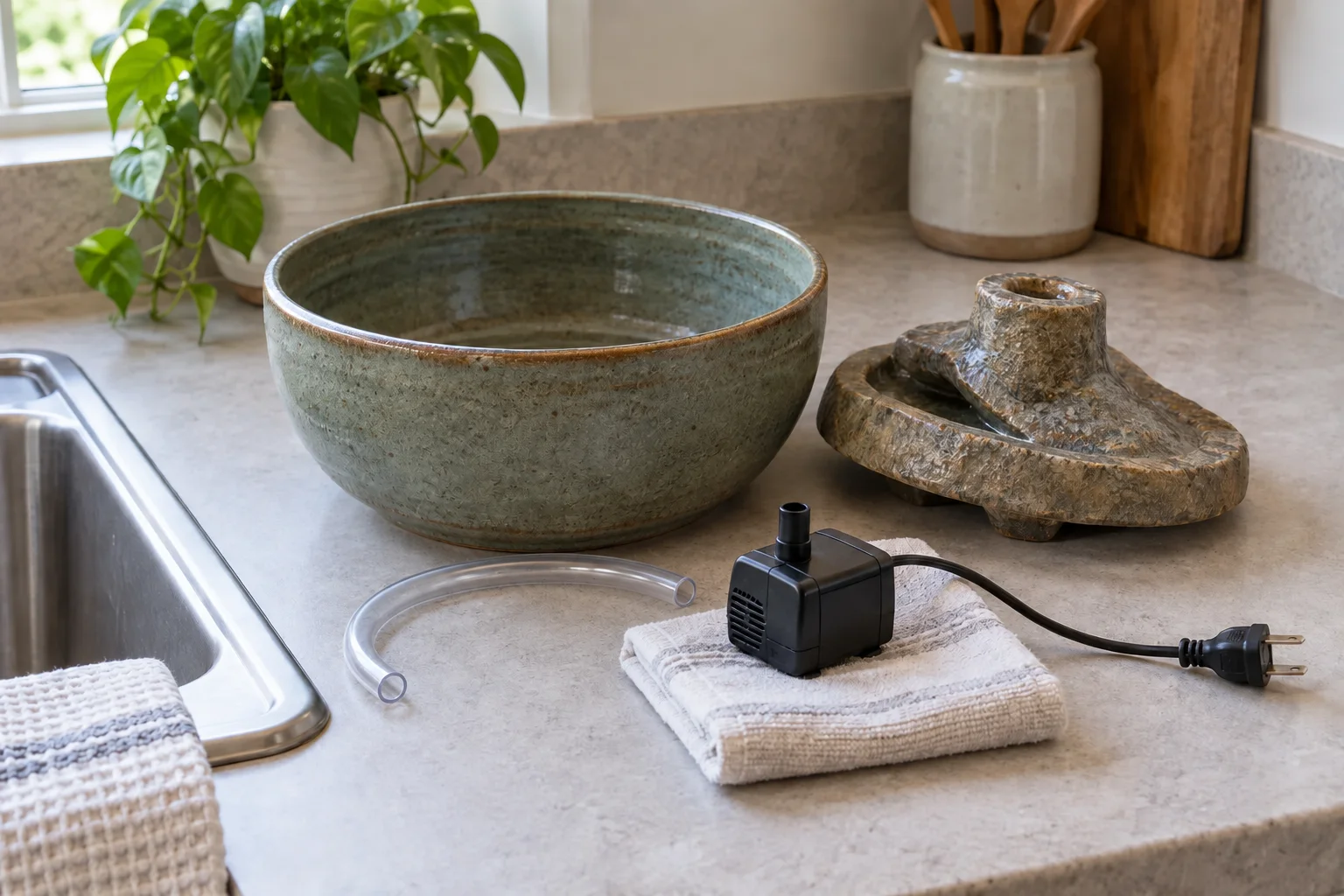 Empty fountain basin, removable stone top, pump, detached clear tubing and unplugged cord on a dry counter