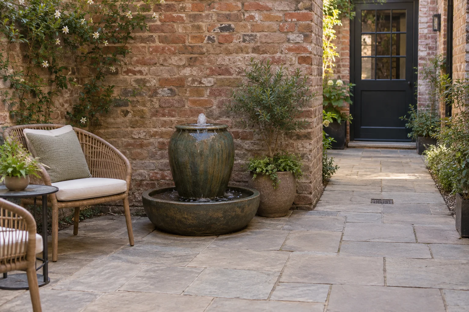 Compact urn fountain in a contained basin beside courtyard seating with a clear route to the door