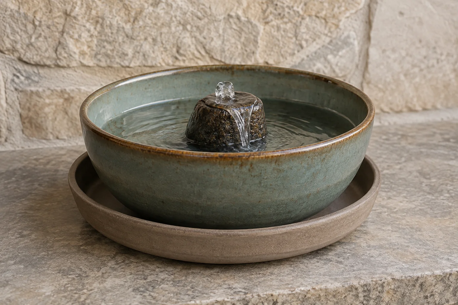 Low bubbling stone inside a ceramic basin with water below the rim and a dry protective tray