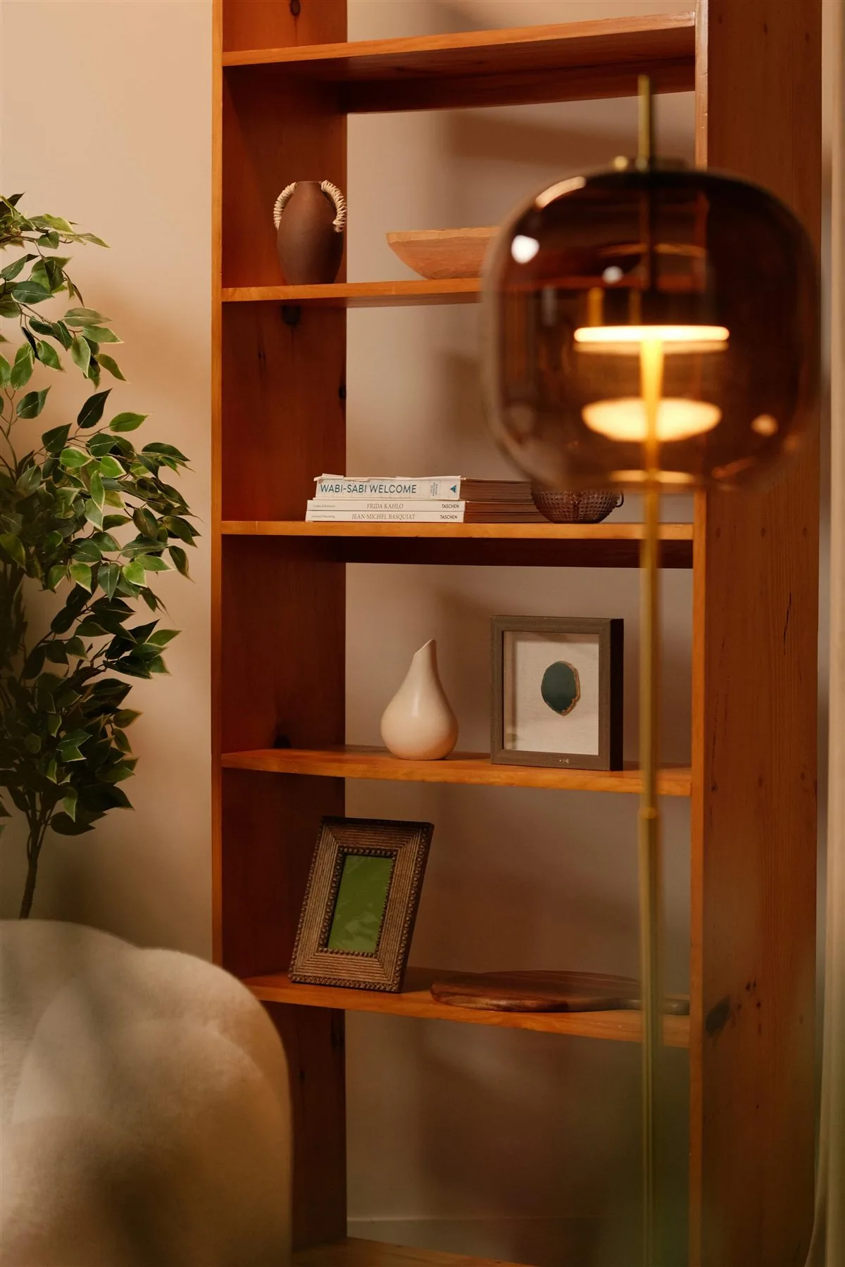 Wood shelf with framed art, books, lamp, and a healthy plant