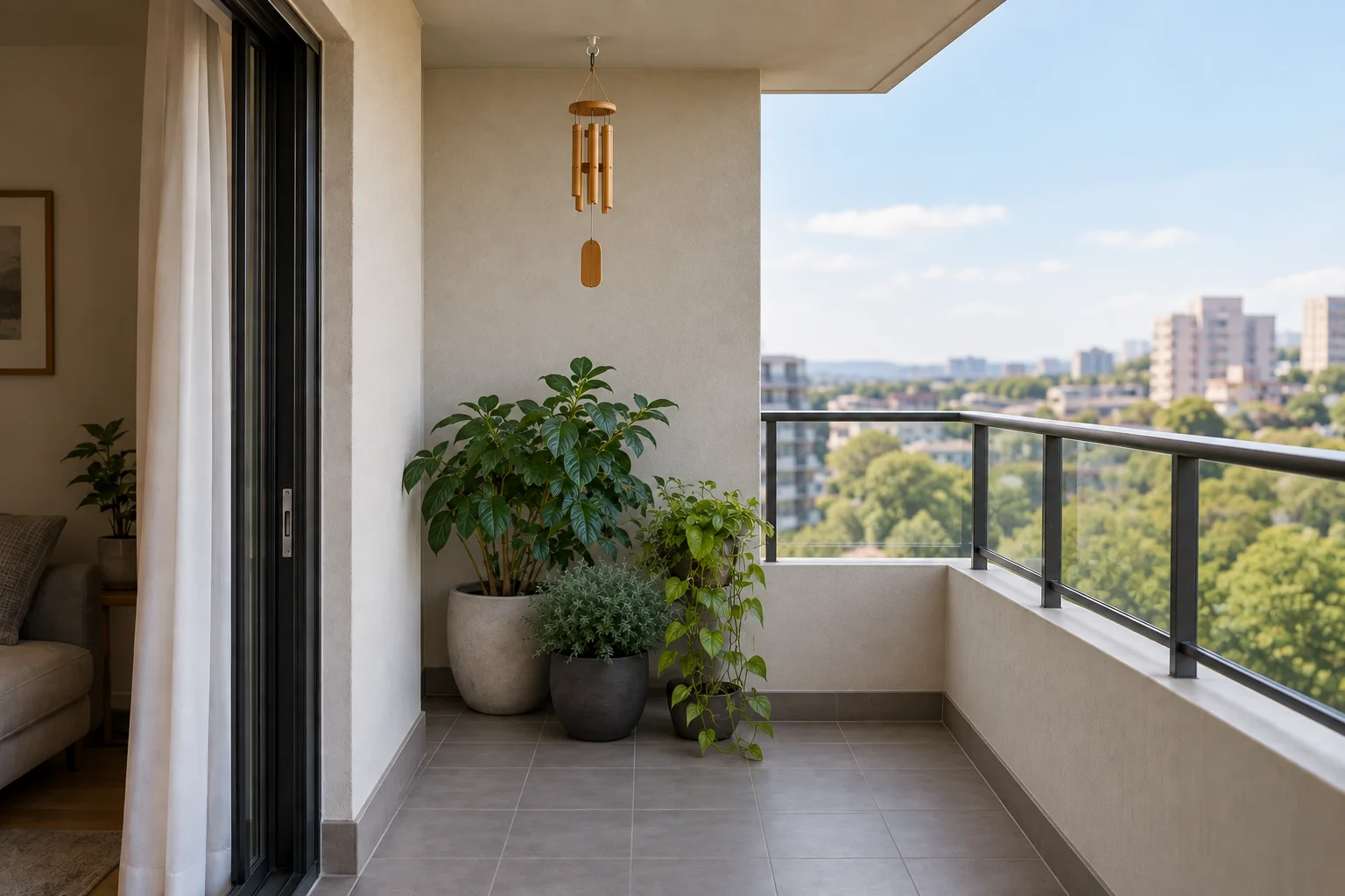 Compact bamboo chime hanging high above a planted balcony bay with a clear route beside it