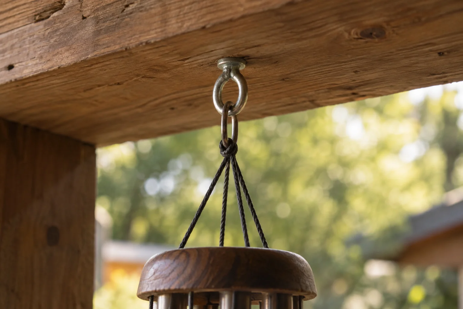 Closed eye fixing and connecting link supporting chime cords beneath a timber beam