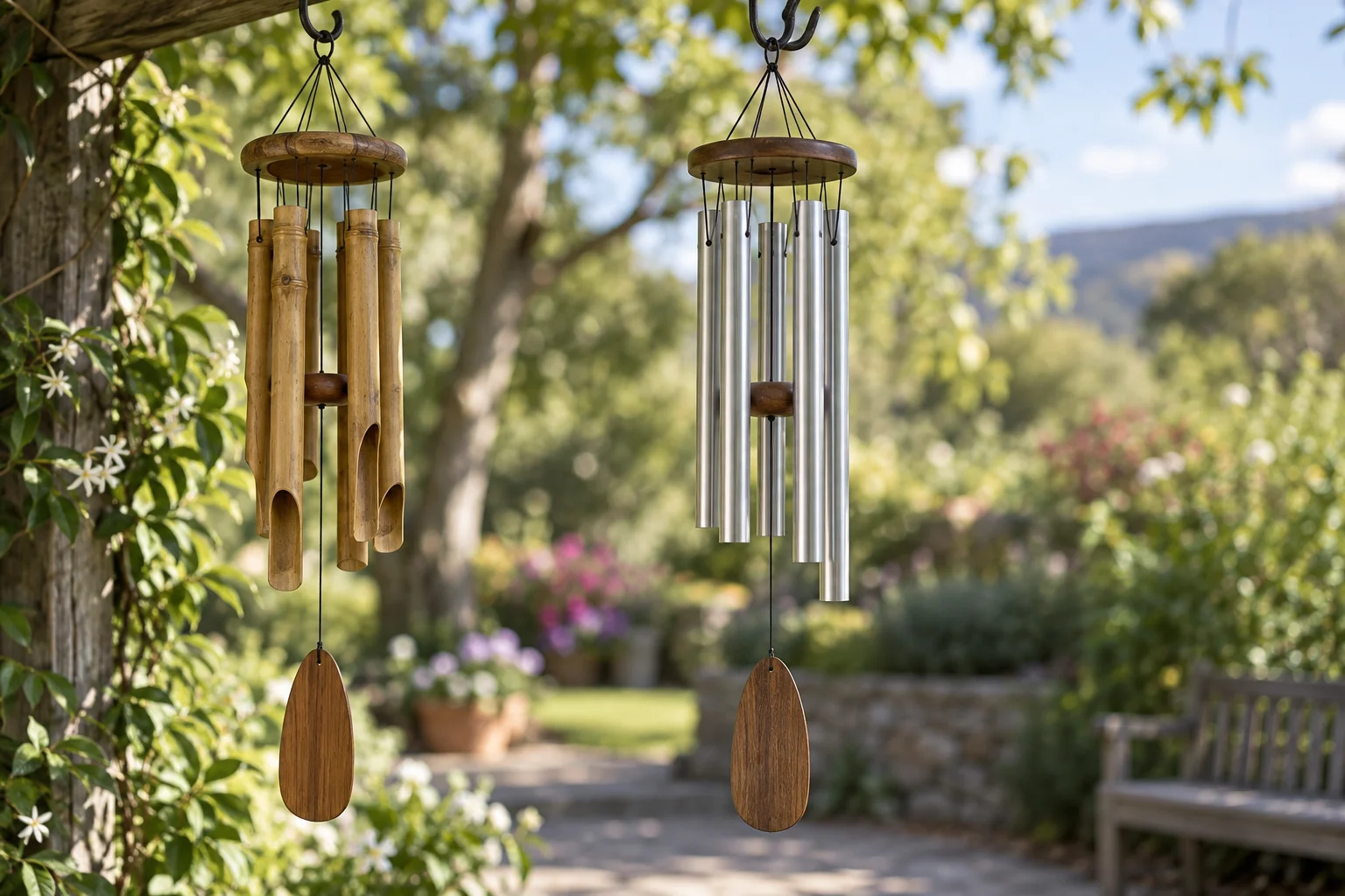 Complete bamboo and metal tube chimes hanging side by side with central wooden strikers and lower wind sails